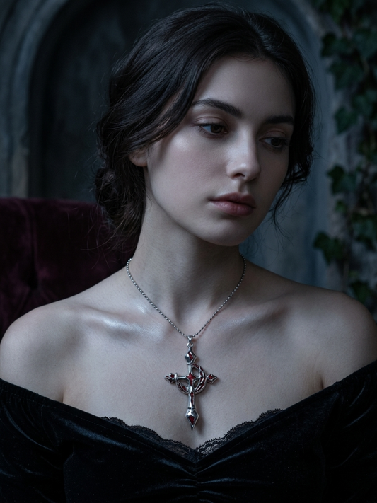 Gothic Moon & Cross Necklace – Dark Aesthetic Crimson Enamel Silver Jewelry