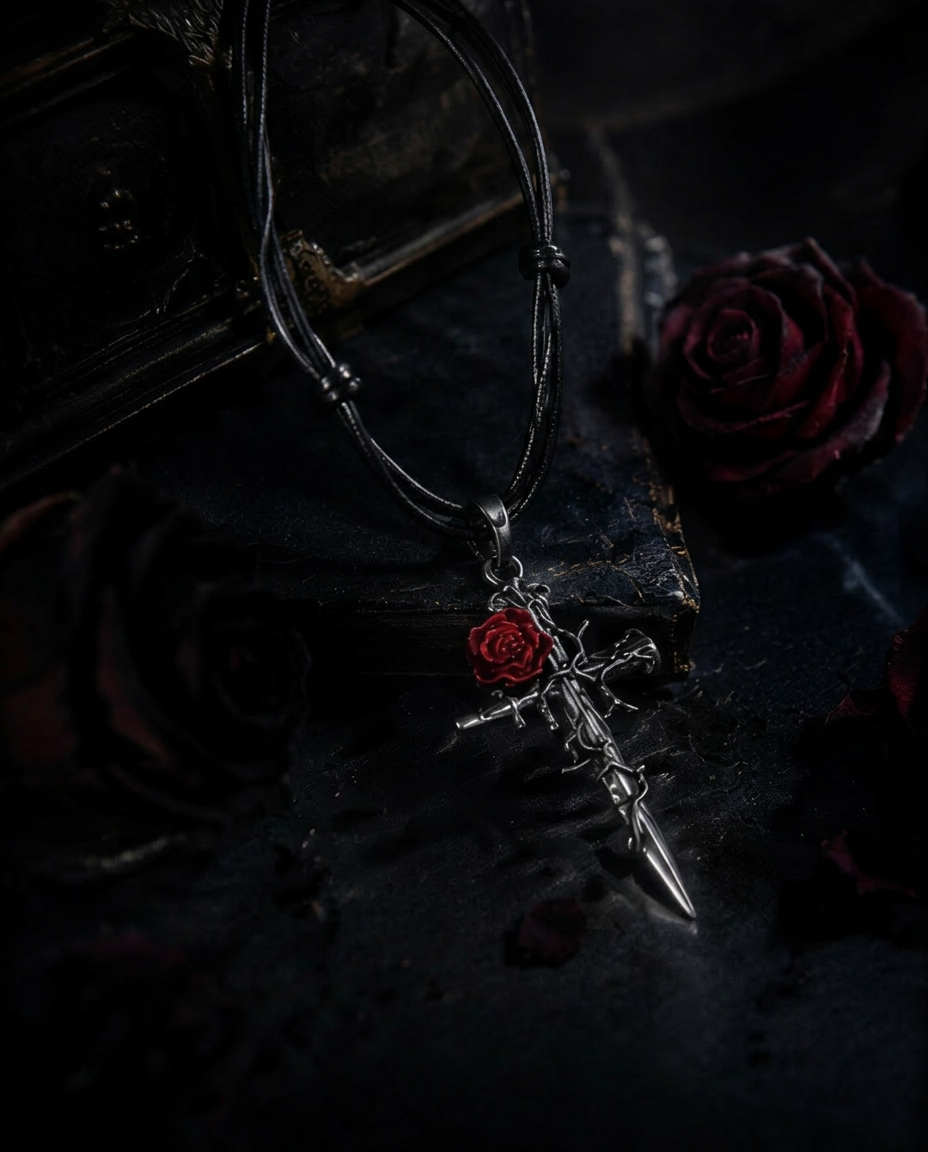 Gothic Rose Cross Necklace – Thorn Wrapped Dark Romance Pendant