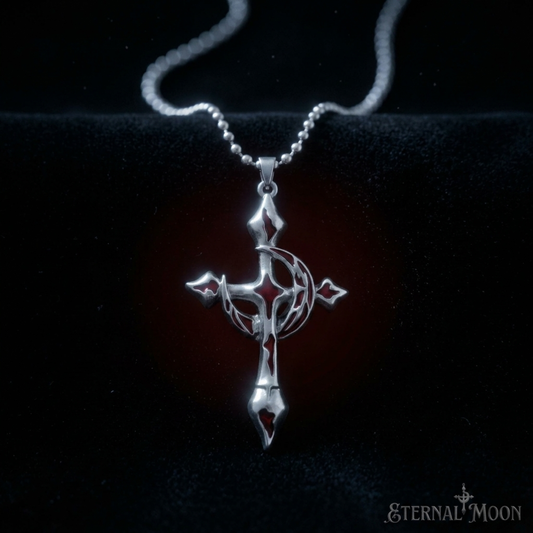 Gothic Moon & Cross Necklace – Dark Aesthetic Crimson Enamel Silver Jewelry