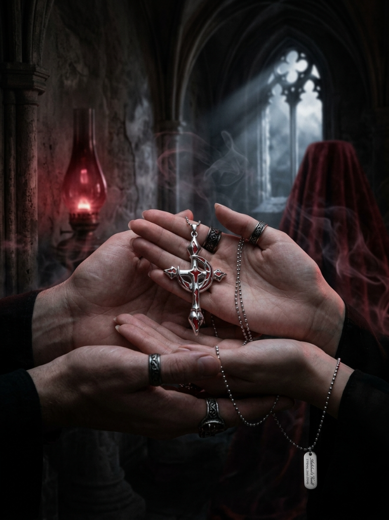 Gothic Moon & Cross Necklace – Dark Aesthetic Crimson Enamel Silver Jewelry