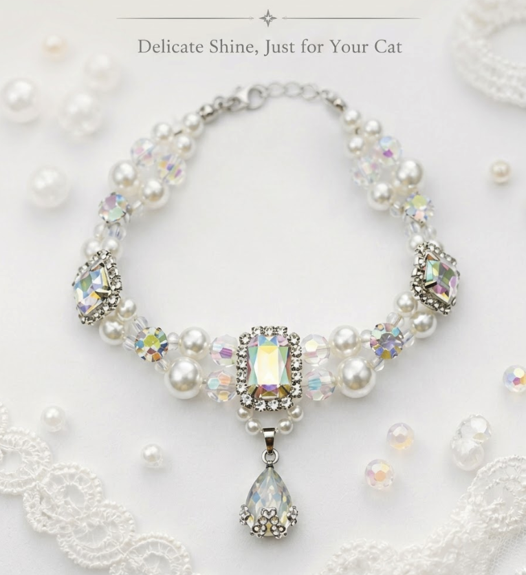 Muse Mo Aurora Crystal Pet Collar – Pearl & Iridescent Crystal Dog Necklace