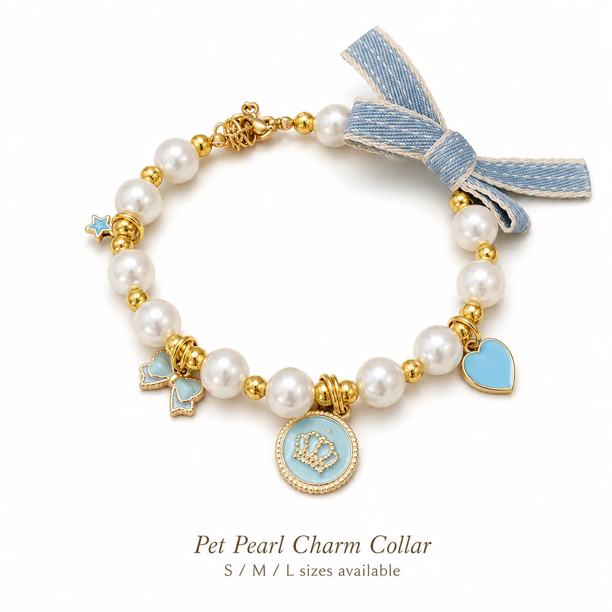 Light Blue Pearl Bow & Crown Pet Necklace
