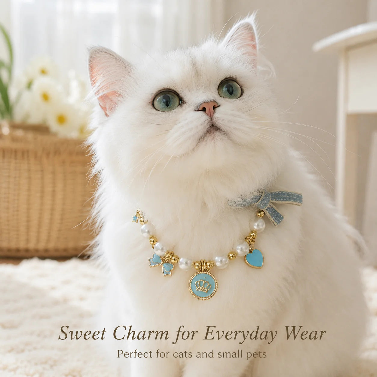Light Blue Pearl Bow & Crown Pet Necklace