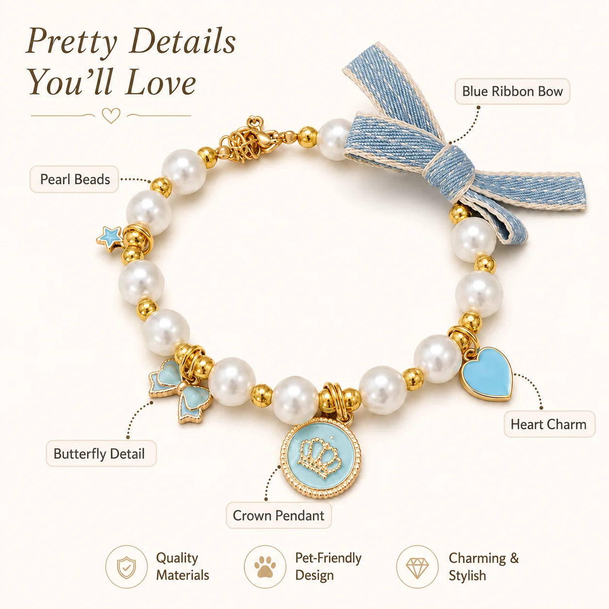Light Blue Pearl Bow & Crown Pet Necklace
