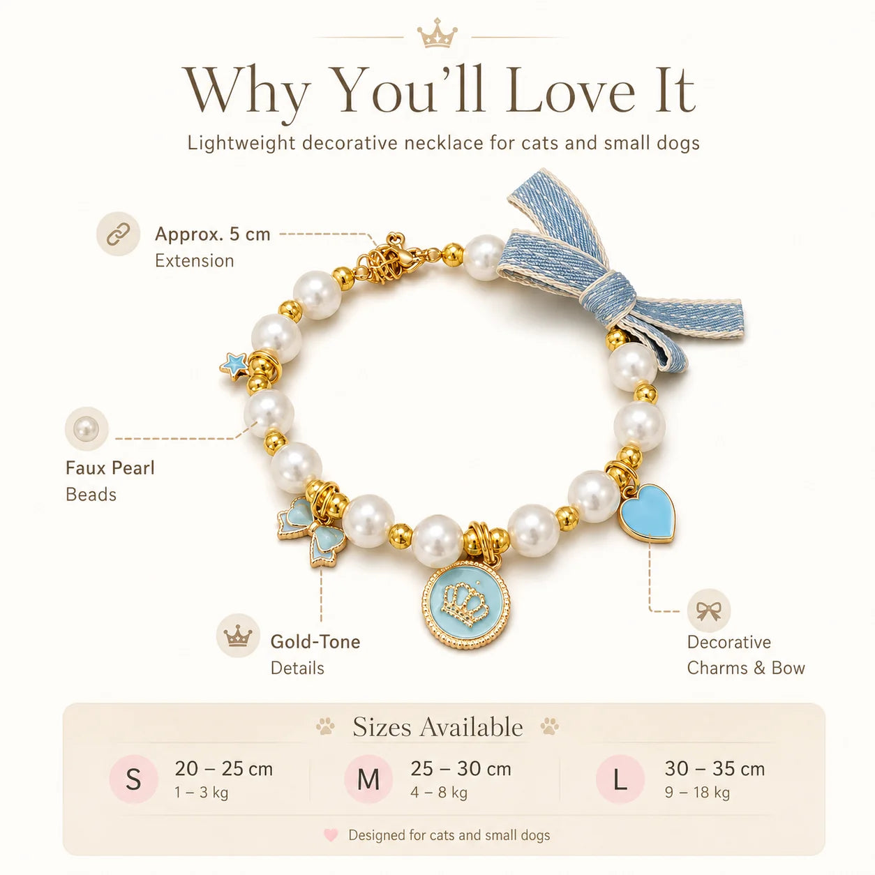 Light Blue Pearl Bow & Crown Pet Necklace
