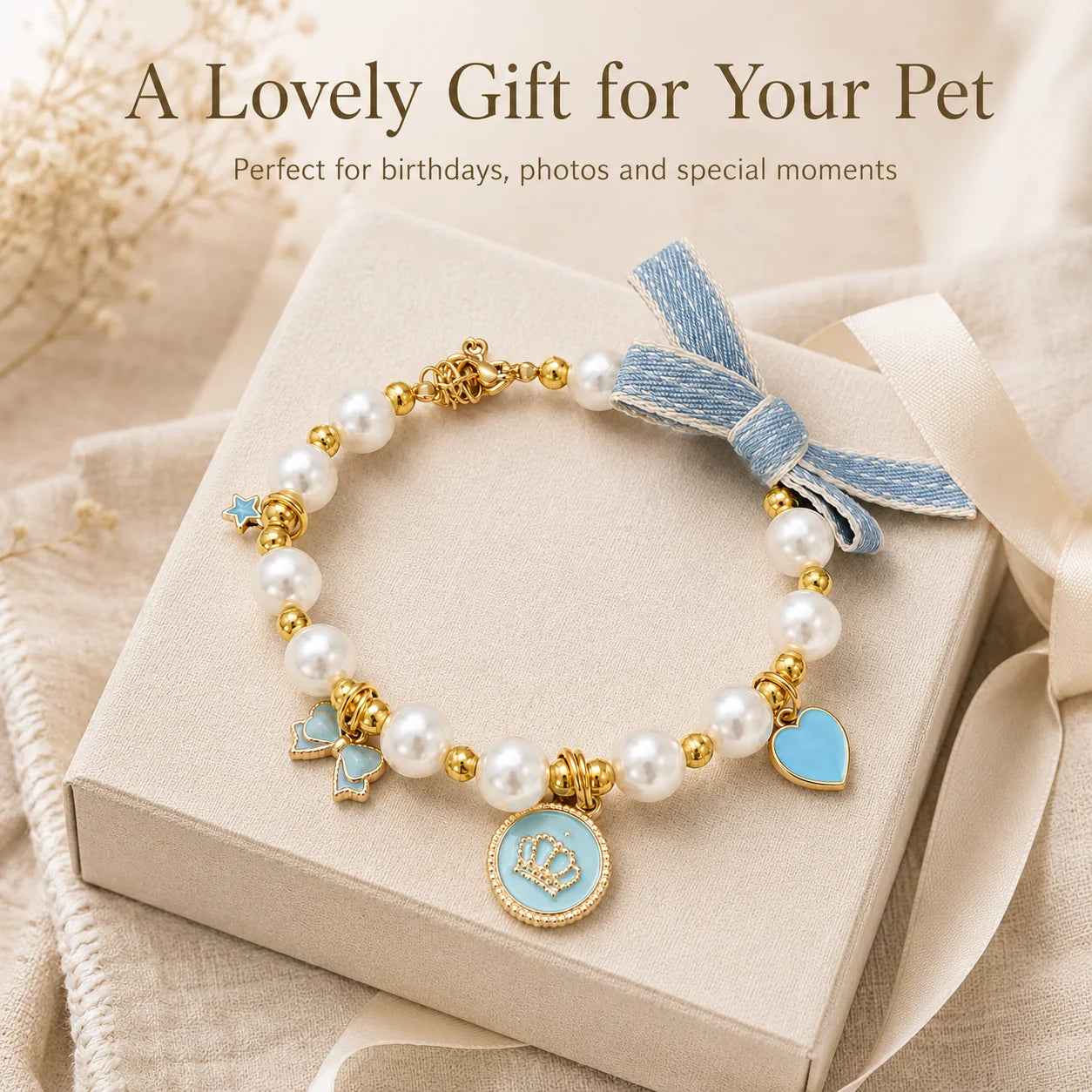 Light Blue Pearl Bow & Crown Pet Necklace
