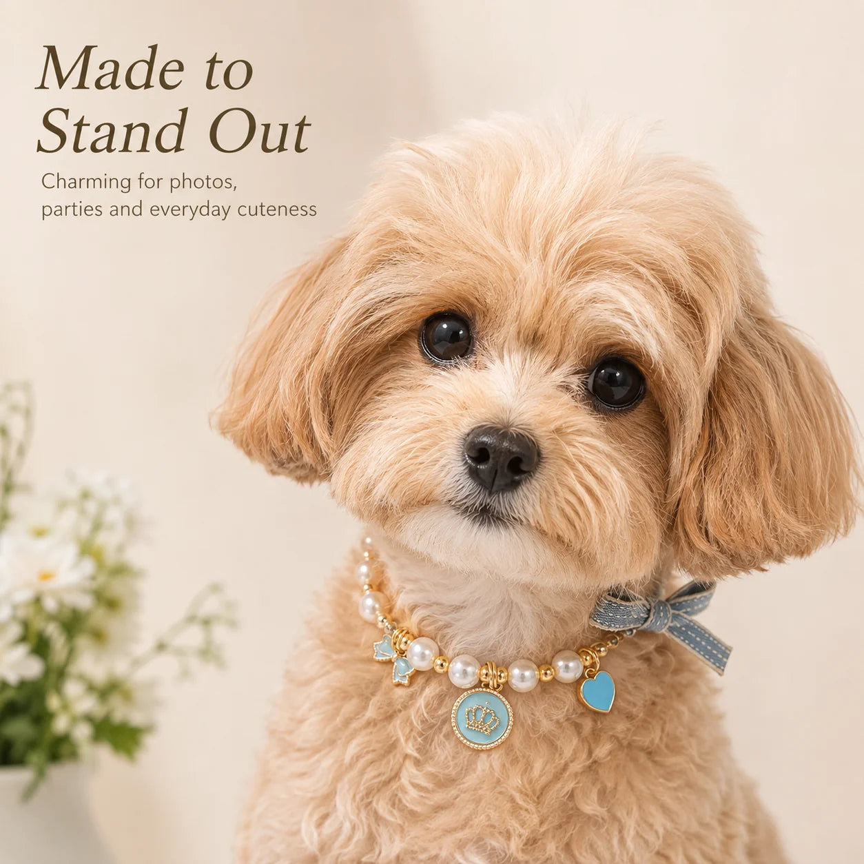 Light Blue Pearl Bow & Crown Pet Necklace