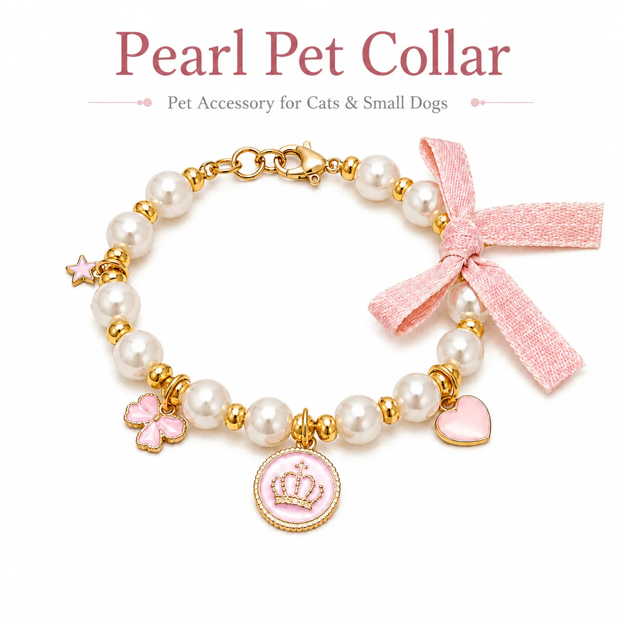Pink Pearl Bow & Crown Pet Necklace