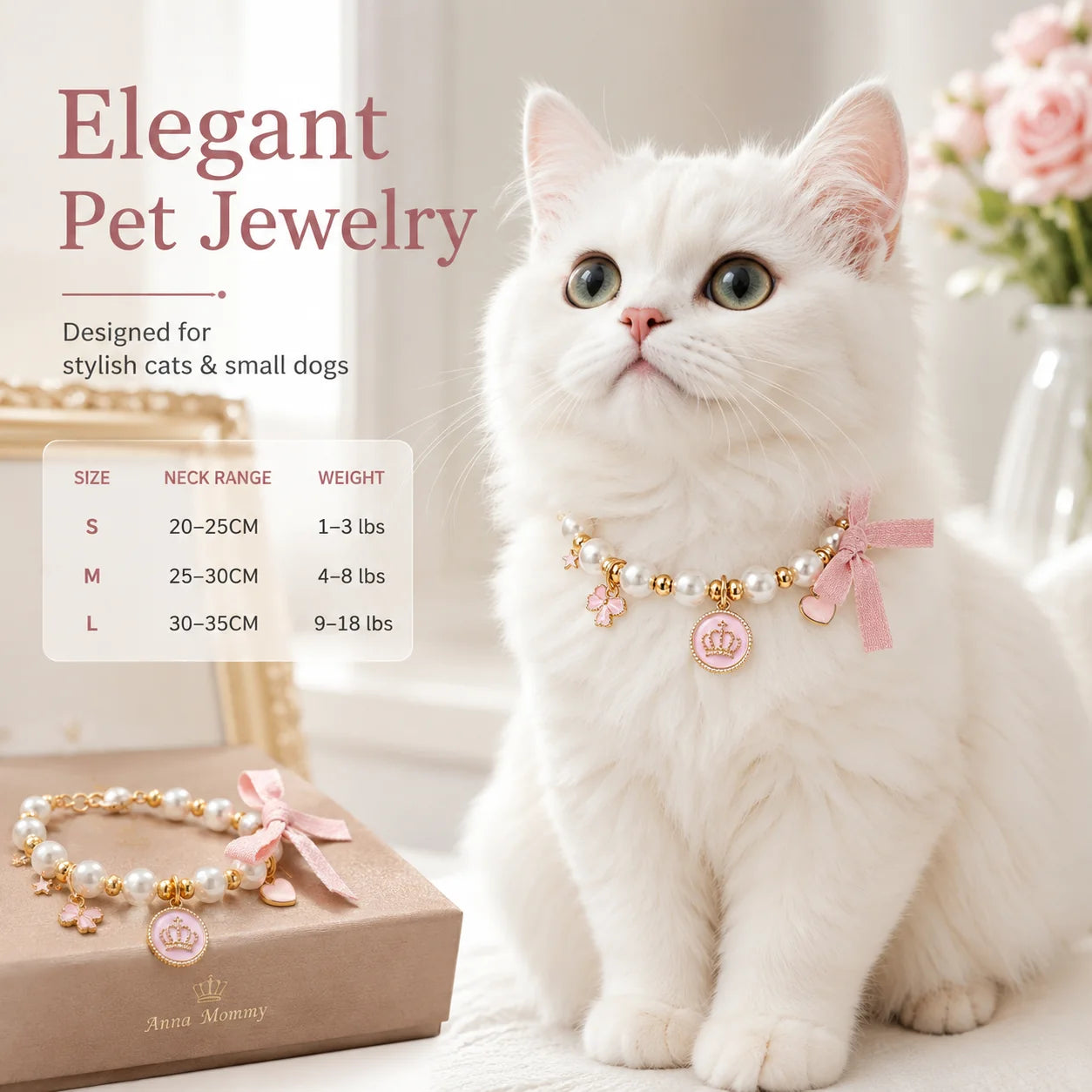 Pink Pearl Bow & Crown Pet Necklace