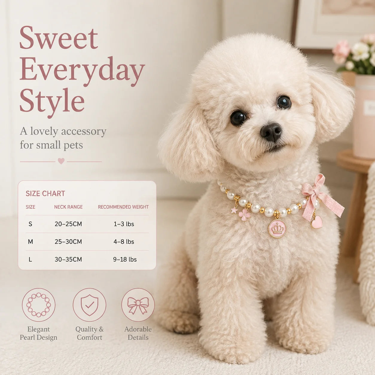 Pink Pearl Bow & Crown Pet Necklace