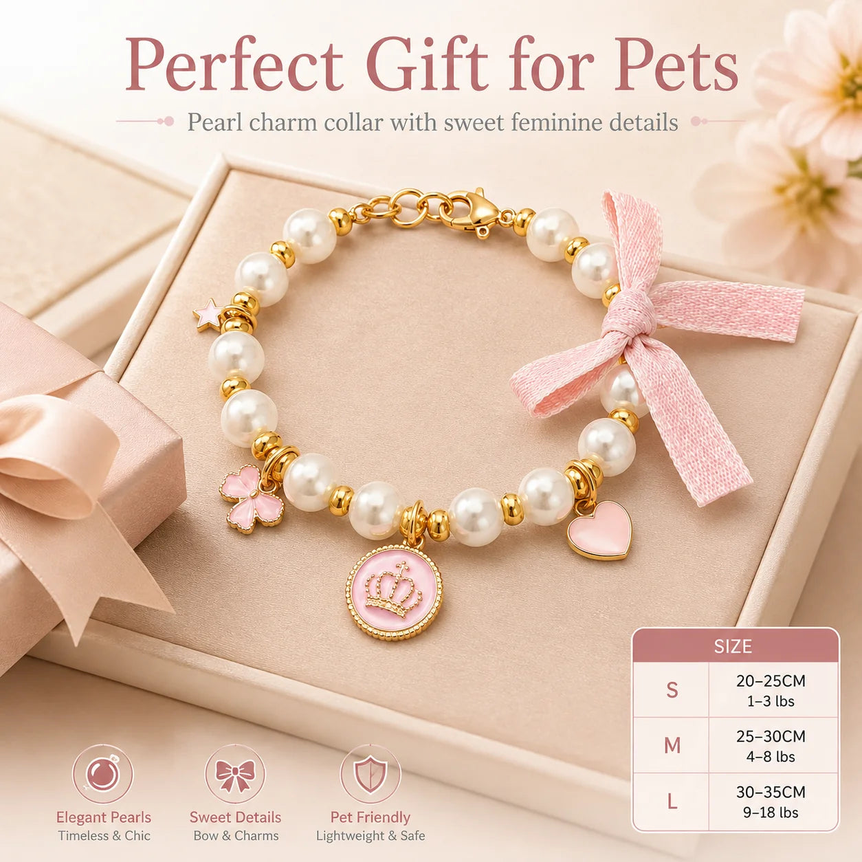Pink Pearl Bow & Crown Pet Necklace