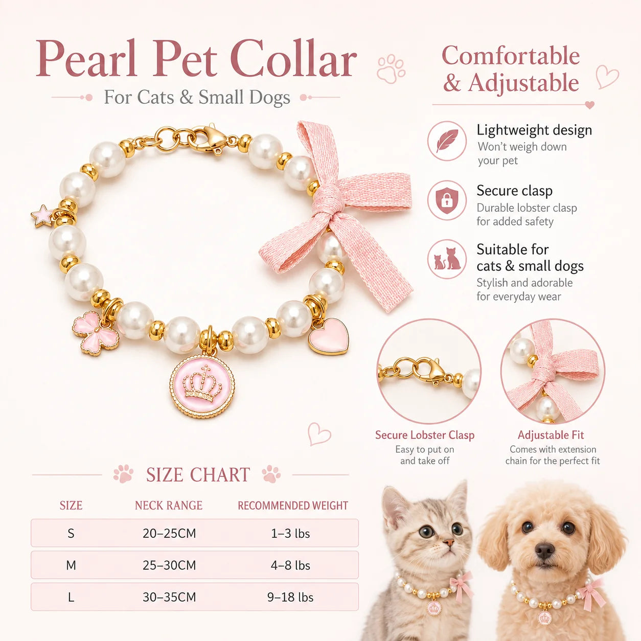 Pink Pearl Bow & Crown Pet Necklace