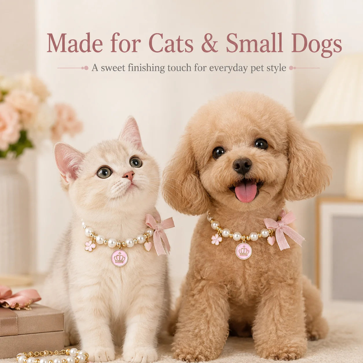 Pink Pearl Bow & Crown Pet Necklace