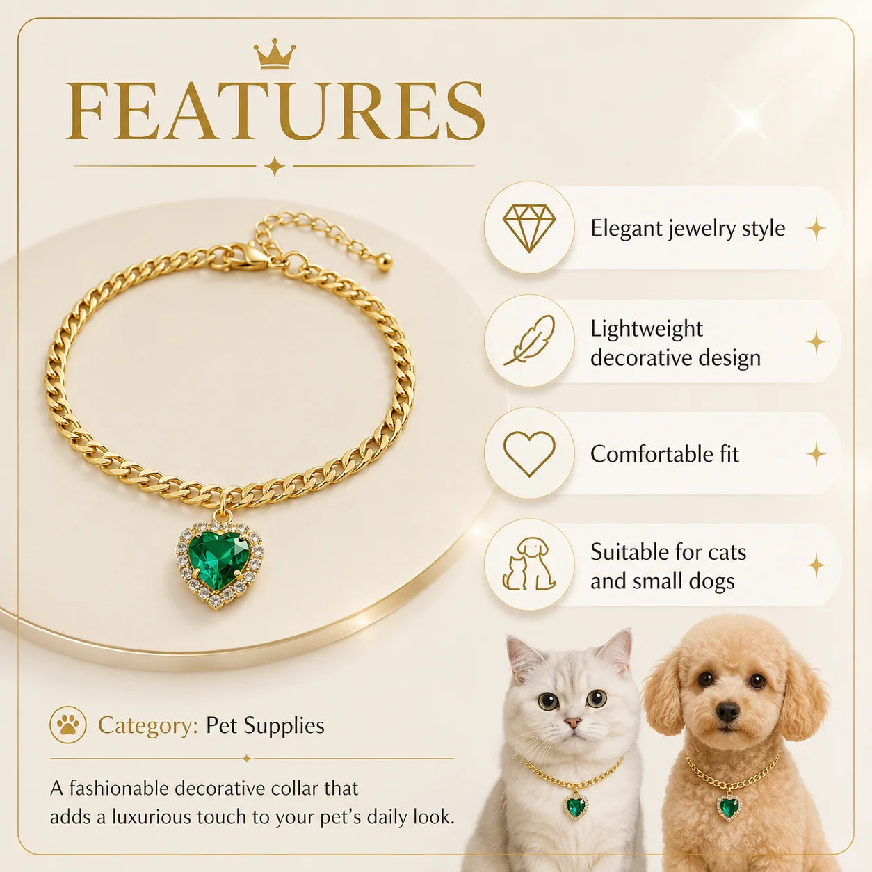 Emerald Heart Cuban Chain Pet Necklace