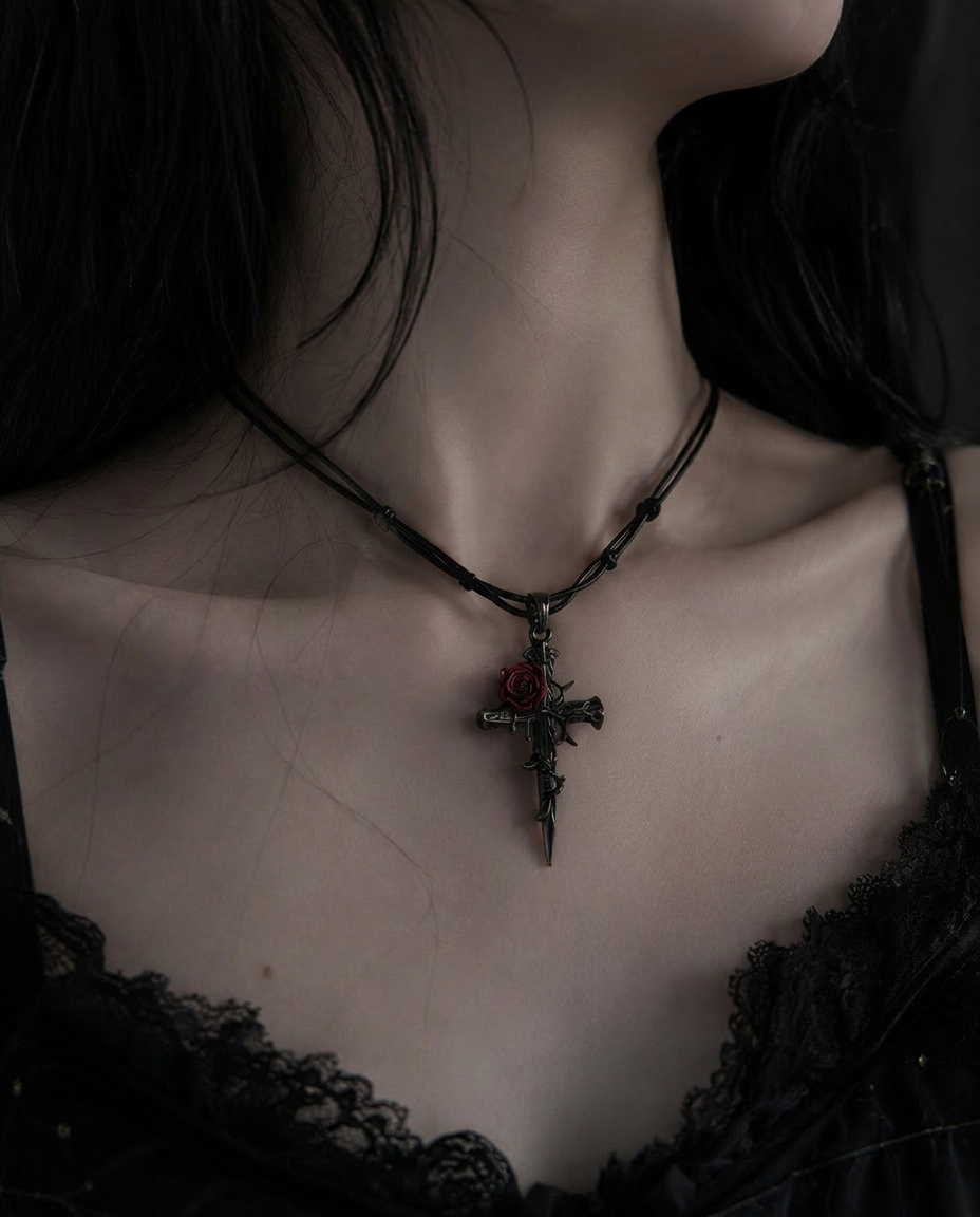 Gothic Rose Cross Necklace – Thorn Wrapped Dark Romance Pendant