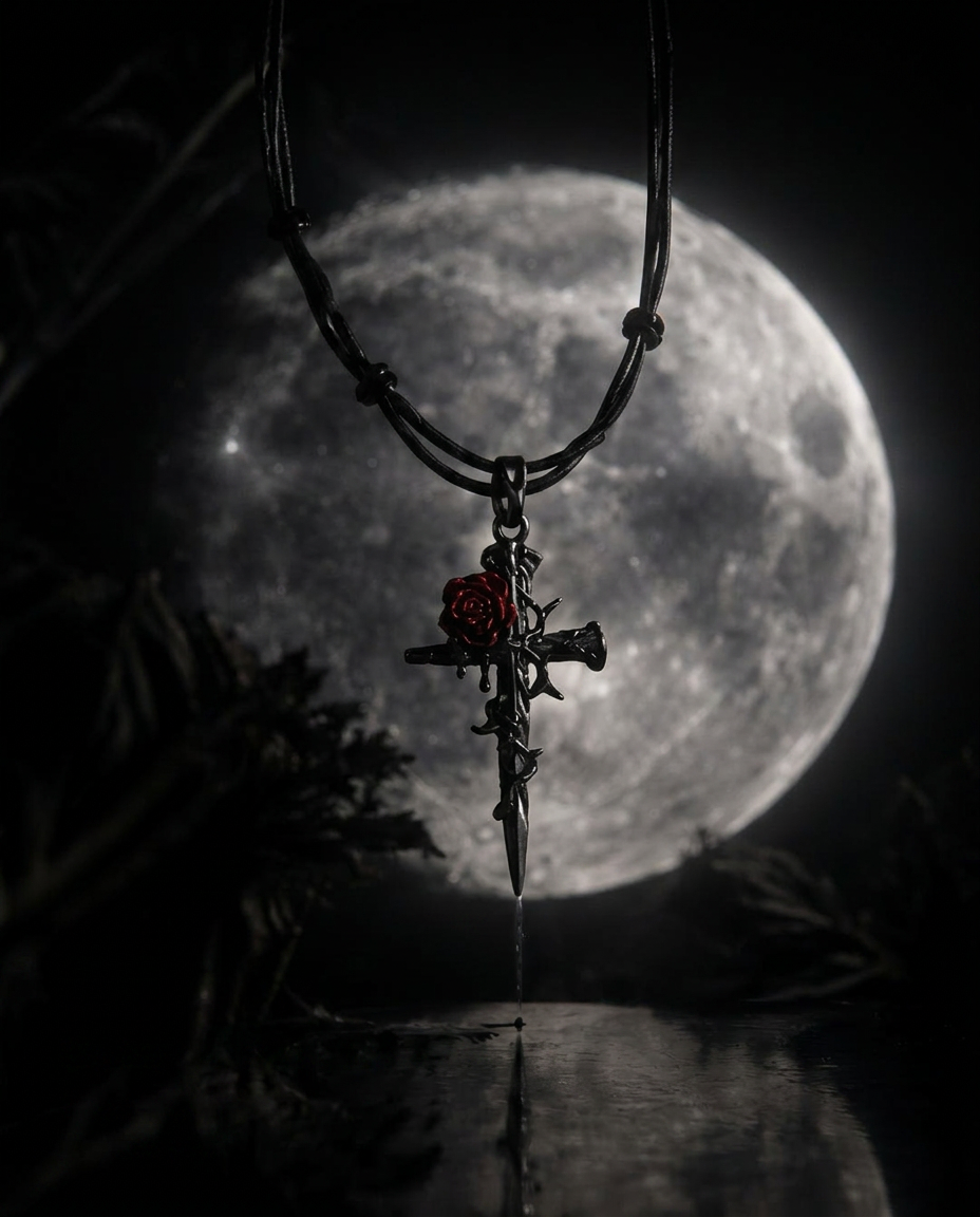 Gothic Rose Cross Necklace – Thorn Wrapped Dark Romance Pendant
