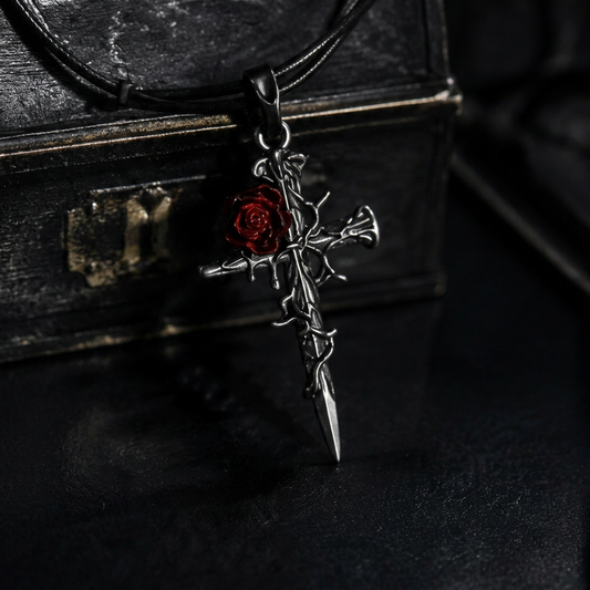 Gothic Rose Cross Necklace – Thorn Wrapped Dark Romance Pendant