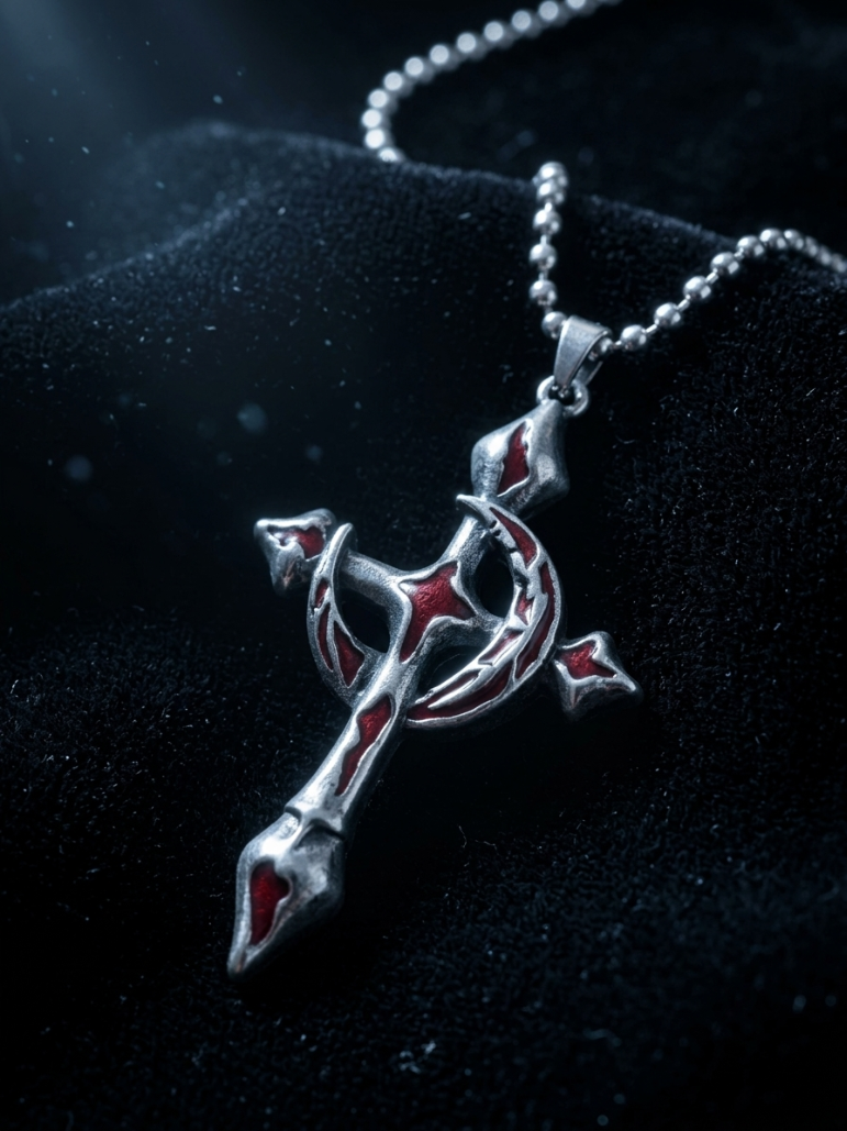 Gothic Moon & Cross Necklace – Dark Aesthetic Crimson Enamel Silver Jewelry