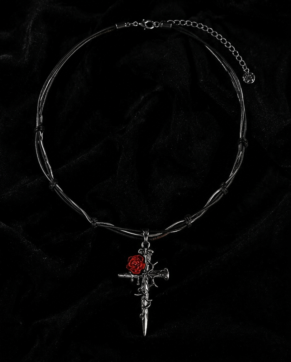 Gothic Rose Cross Necklace – Thorn Wrapped Dark Romance Pendant
